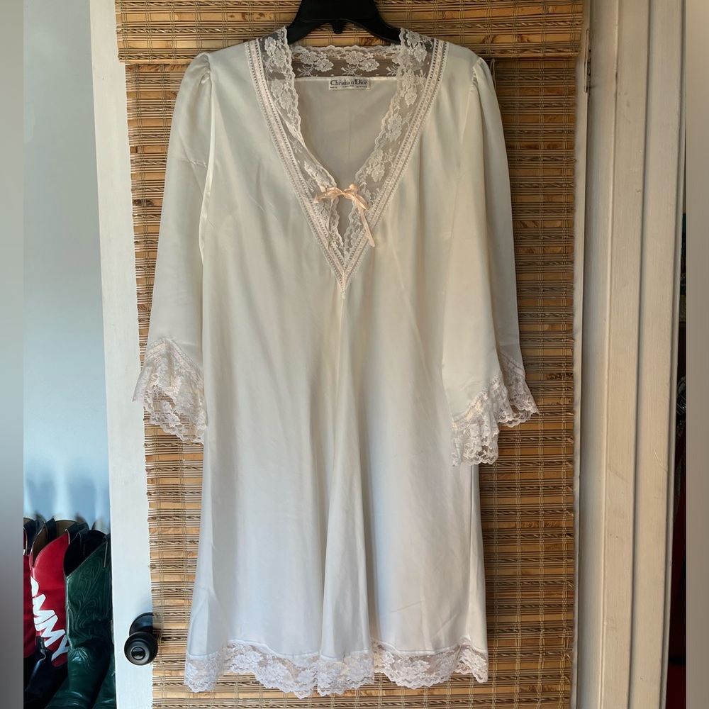 Vintage Christian Dior white and pink quarter sleeve slip dress lace trim